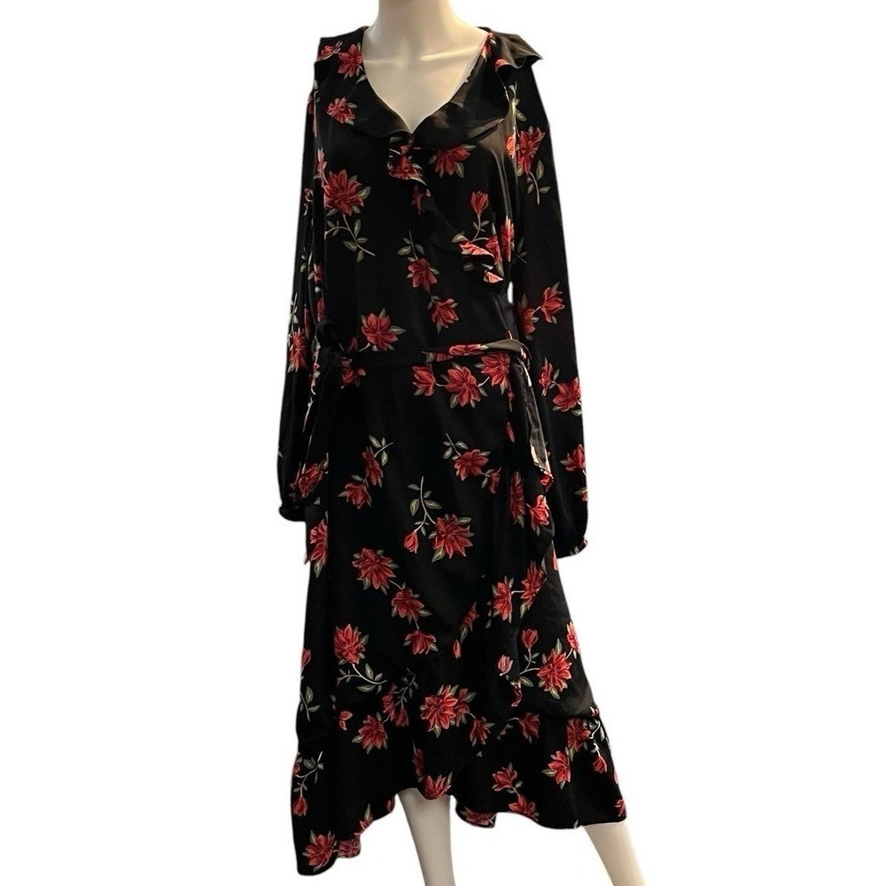 Draper James Wrap Dress Black Red Floral Chiffon Ruffle Midi XXL‎ Event Party
